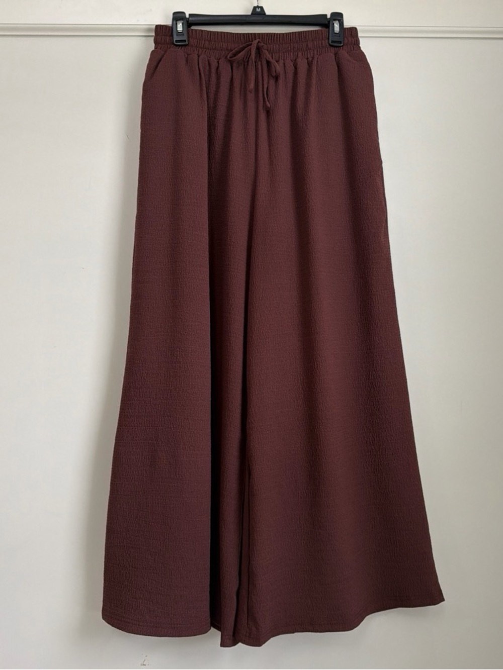 in february Chocolate Brown Textured Wide Leg Palazzo Pants Lined Pockets M NWT
